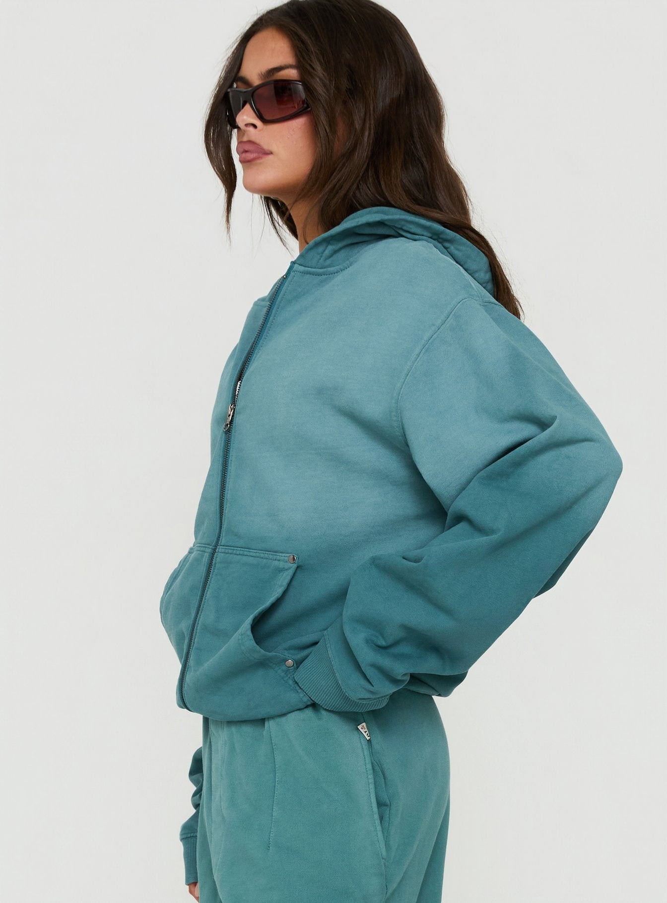 American Thrift Zip Through Oversized Hoodie Washed Teal view 4