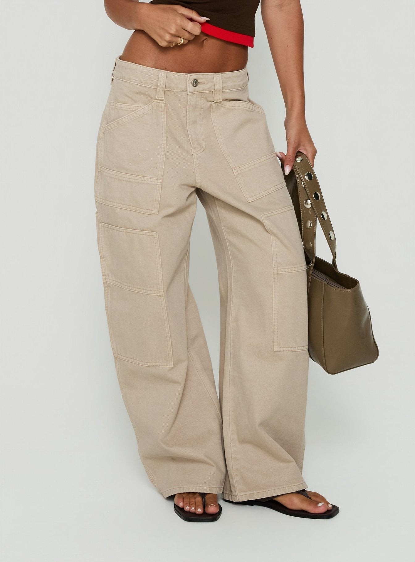 Mistree Mid Rise Baggy Cargo Jeans Taupe view 3