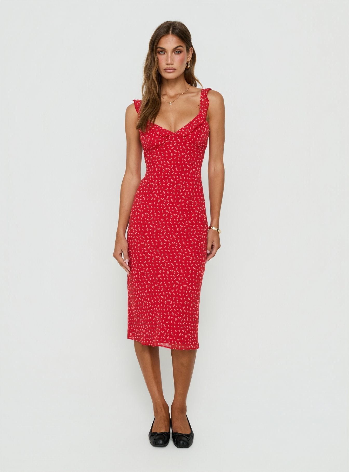 Lozie Frill V Neck Midi Dress Red Floral view 3